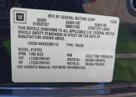 1995 Chevrolet Gmt-400 K1500 из США, поврежденный, VIN 1GCEK14K5SZ280112